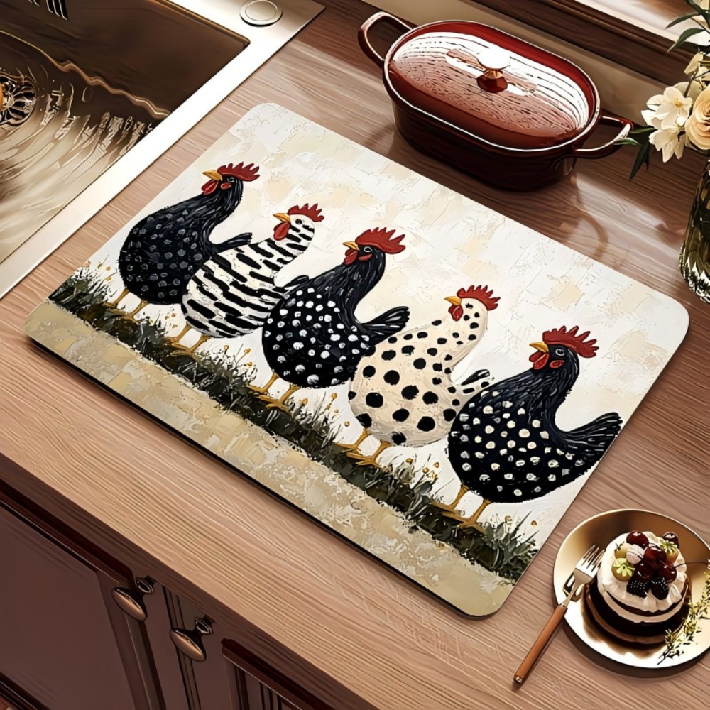 Bar Mat Rubber - Farmhaus-Hühner-Geschirrabtropfmatte, Superabsorbierende Küchenabtropfmatte, Rutschfeste Kaffeebar-Abtropfunterlage, Hahn-Dekorationsmatte