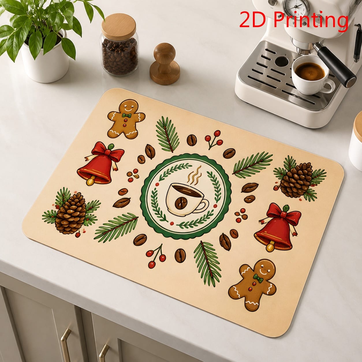 Bar Mat Rubber - Gemütliche Weihnachts-Kaffeetisch-Abtropfmatte, ultra saugfähige Küchen-Ablageunterlage, Ginger